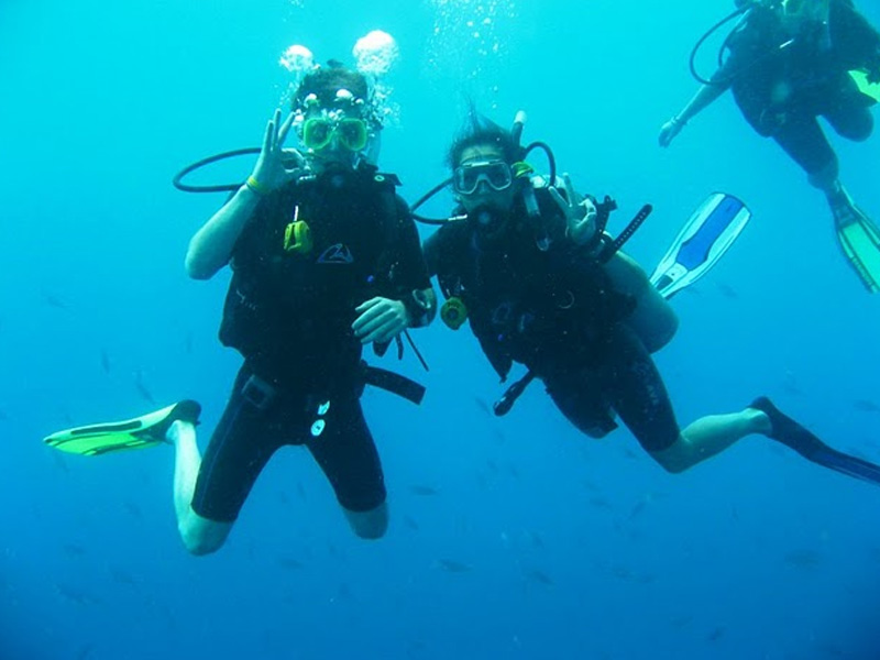 Scuba divers posing underwater