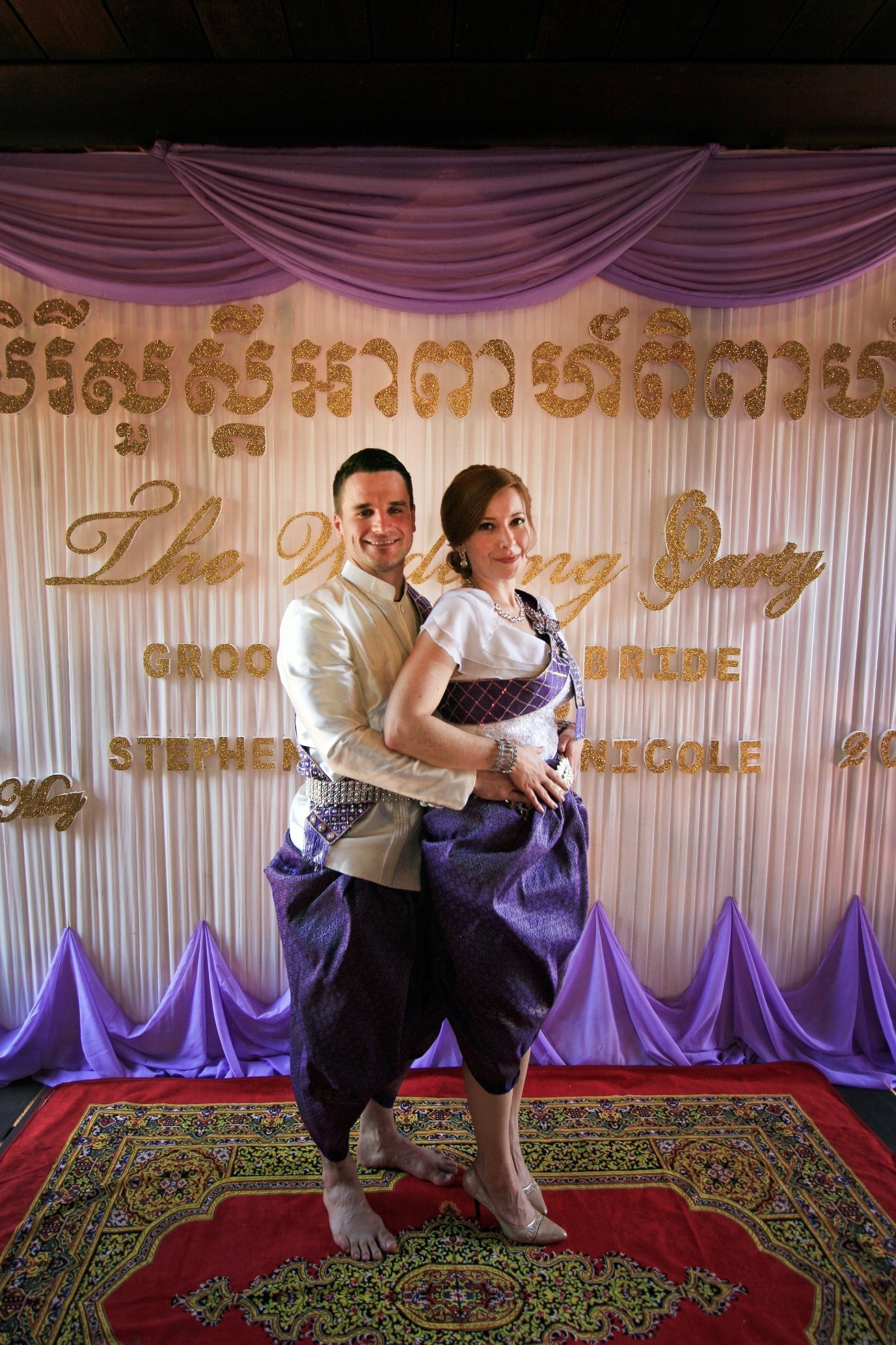 Couple in a traditional Cambodian wedding attire.